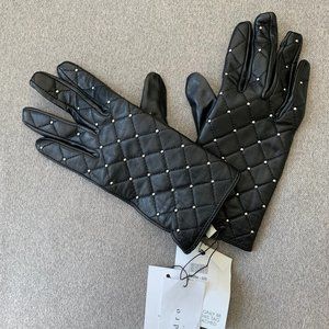 Sandro Studded Quilted Black Leather Gloves (Med)
